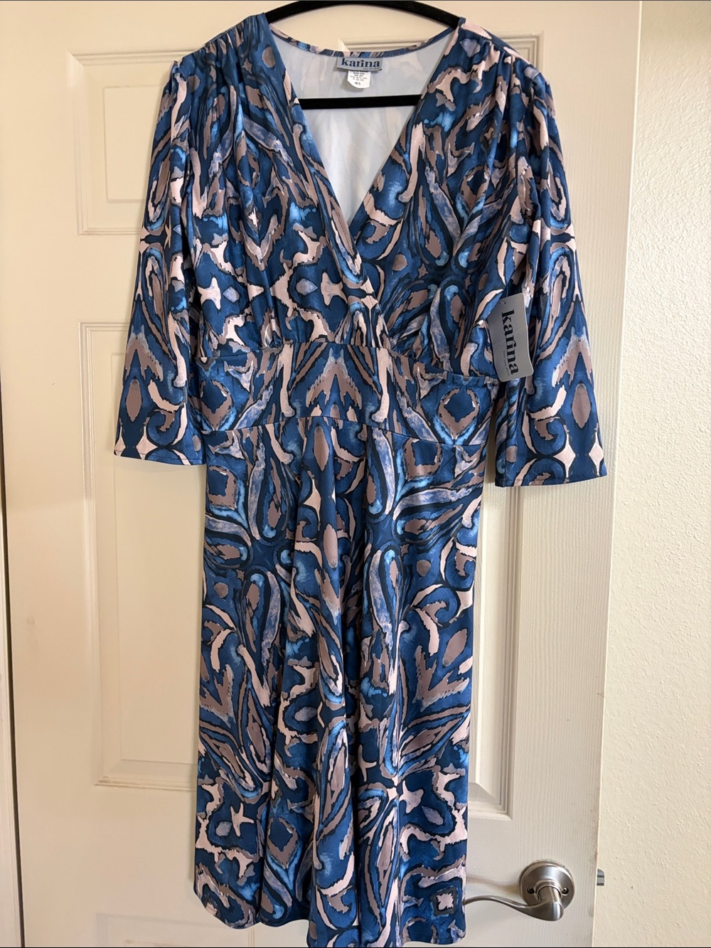 Karina Grimaldi Blue and Pink Abstract Wrap Midi Dress